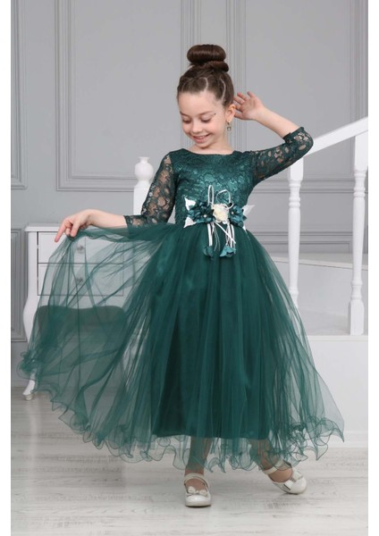 Üst Kısmı ve Kolları Dantel Güpür Işlemeli Çiçek Detaylı Çocuk Abiye Elbise GELINLIK-ABY-0030 modelleri