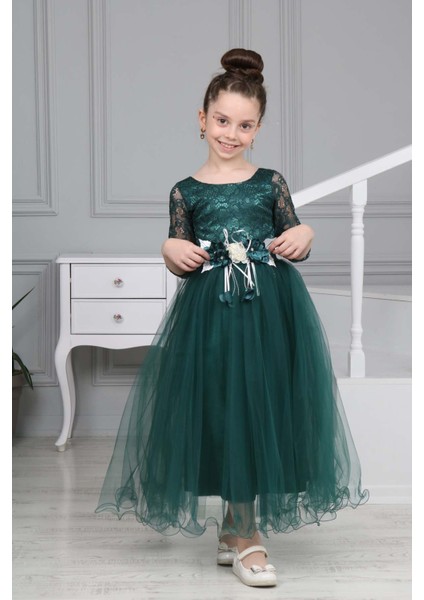 Üst Kısmı ve Kolları Dantel Güpür Işlemeli Çiçek Detaylı Çocuk Abiye Elbise GELINLIK-ABY-0030 fırsatları