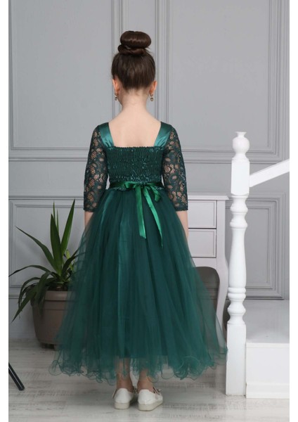 Üst Kısmı ve Kolları Dantel Güpür Işlemeli Çiçek Detaylı Çocuk Abiye Elbise GELINLIK-ABY-0030 indirimleri