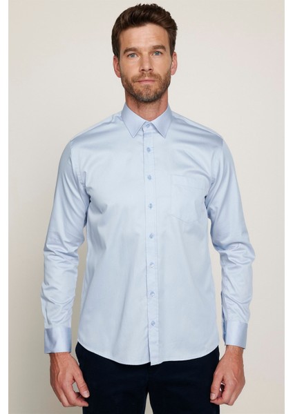Klasik Fit Pamuk Saten Erkek Mavi Gömlek fiyatları