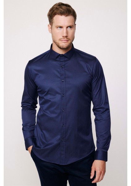 Slim Fit Likralı Düz Pamuk Saten Erkek Lacivert Gömlek fiyatları
