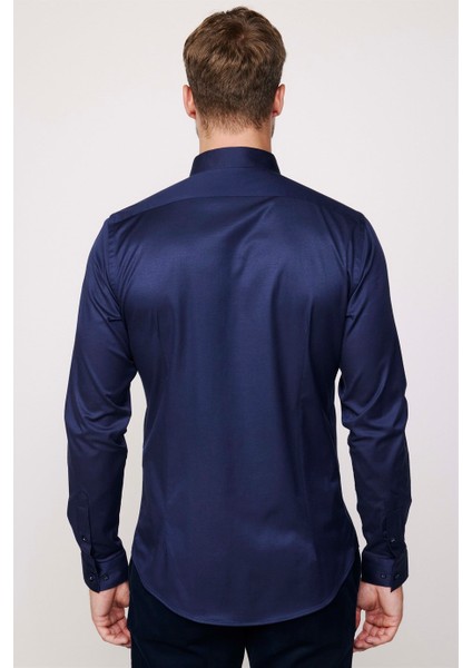 Slim Fit Likralı Düz Pamuk Saten Erkek Lacivert Gömlek modelleri