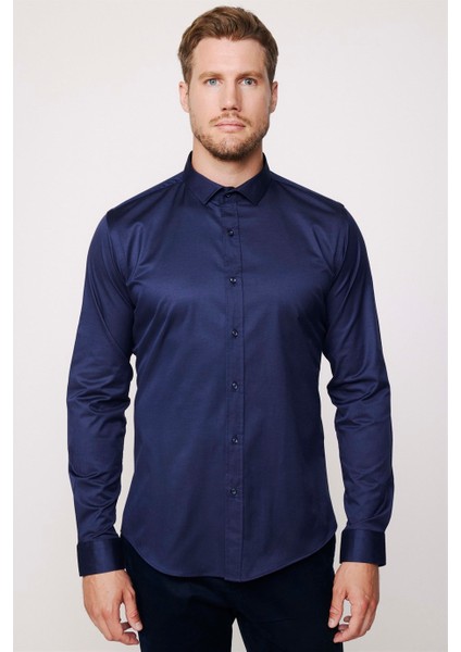 Slim Fit Likralı Düz Pamuk Saten Erkek Lacivert Gömlek indirimleri