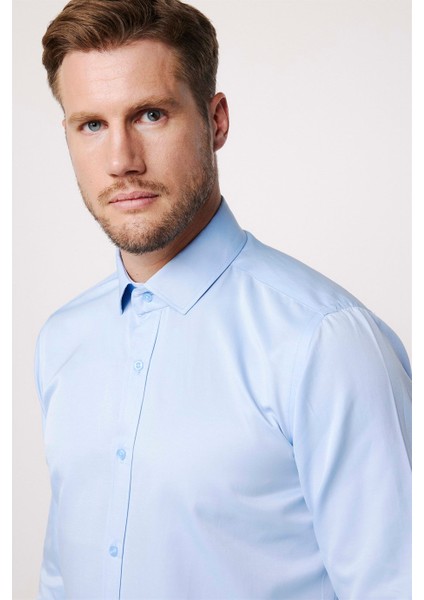 Modern Slim Fit Düz Saten Pamuklu Erkek Sax Mavi Gömlek