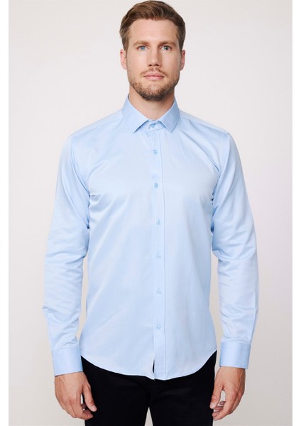 Modern Slim Fit Düz Saten Pamuklu Erkek Sax Mavi Gömlek modelleri