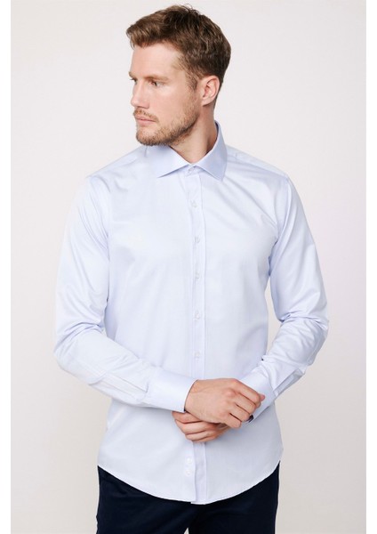 Modern Slim Fit Düz Saten Pamuklu Erkek Mavi Gömlek