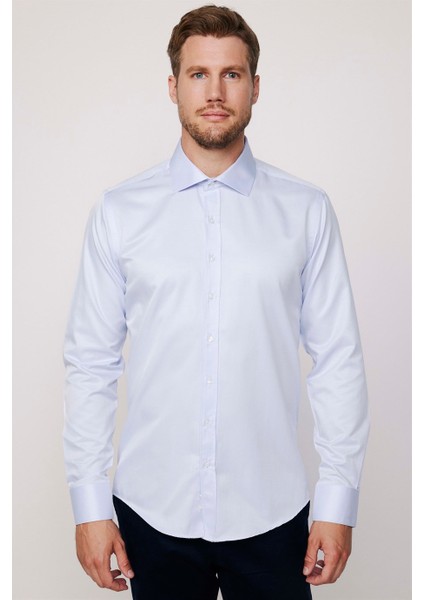 Modern Slim Fit Düz Saten Pamuklu Erkek Mavi Gömlek fiyatları