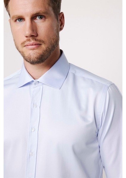 Modern Slim Fit Düz Saten Pamuklu Erkek Mavi Gömlek modelleri