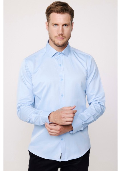 Modern Slim Fit Düz Saten Pamuklu Erkek Sax Mavi Gömlek fiyatları