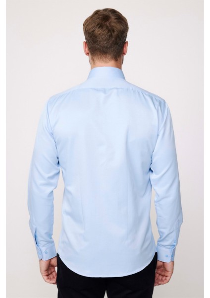 Modern Slim Fit Düz Saten Pamuklu Erkek Sax Mavi Gömlek fırsatları