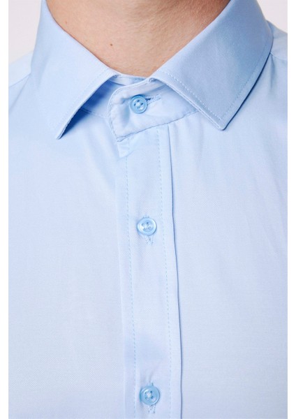 Modern Slim Fit Düz Saten Pamuklu Erkek Sax Mavi Gömlek indirimleri