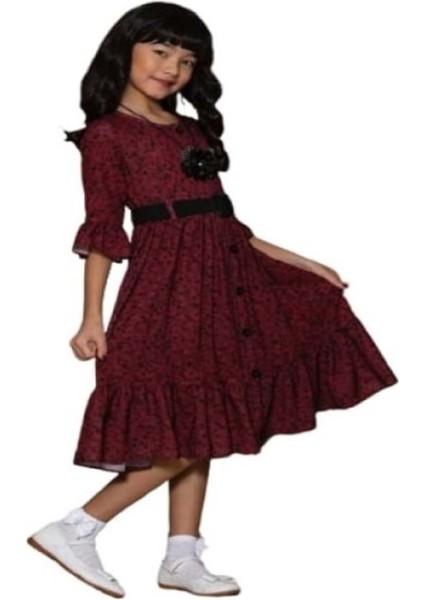 Kids Kız Çocuk Çiçekli Şifon Elbise 854 - Bordo - 7 Yaş