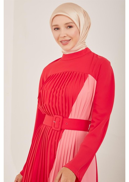 Iki Renkli Pliseli Elbise 23Y9675 Kiraz