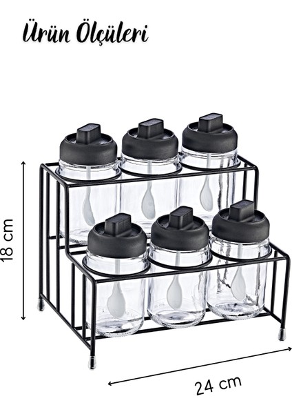 Metal Standlı 6'Lı Kilitlenebilir Kapaklı Kaşıklı Baharatlık Seti 300 Ml + Baharat Etiketi Hediyeli
