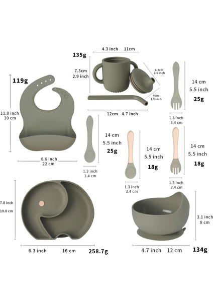Ruyı 8 Parçalı Bebek Silikon Sofra Seti Vantuzlu Düşmeyi Önleyici Çatal Kaşık Bölme Tabak (Yurt Dışından)