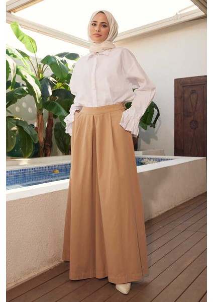 1163-PARÇA Boya Pileli Pantolon Etek Bej