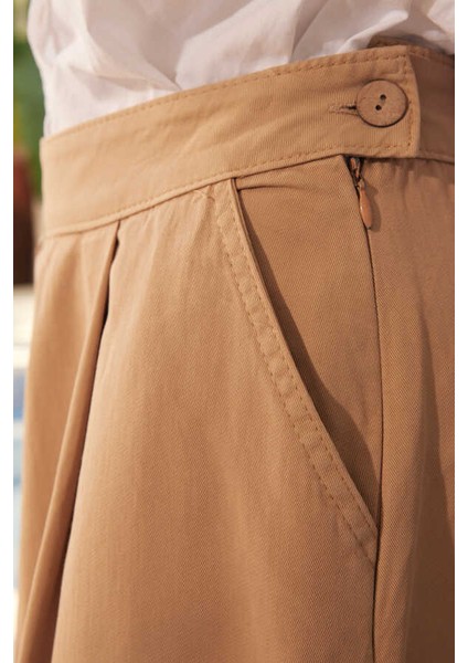 1163-PARÇA Boya Pileli Pantolon Etek Bej modelleri