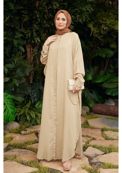 6571- Tensel Parça Boya Abaya Bej