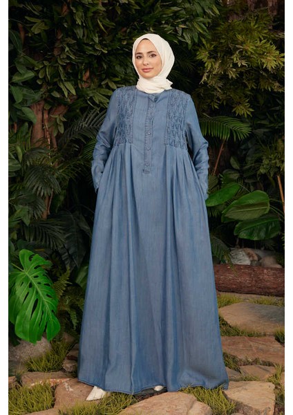 6626-KROŞETALI Patlı Elbise Koyu Mavi