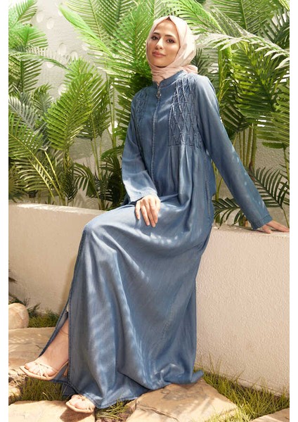 6626-KROŞETALI Patlı Elbise Koyu Mavi indirimleri