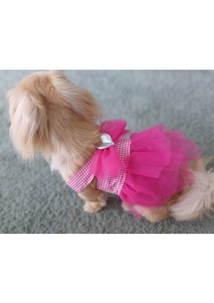 Pembe Kareli Kalpli Tüllü Kedi Köpek Kıyafeti Elbisesi