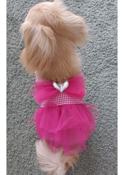 Pembe Kareli Kalpli Tüllü Kedi Köpek Kıyafeti Elbisesi