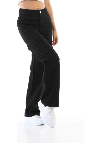 Kız Çocuk Kargo Cep Detaylı Yüksek Bel Wide Leg Kot PANTOLON-PNT-0029