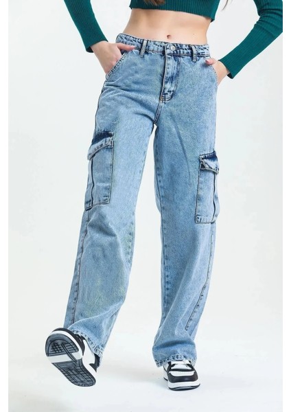 Kız Çocuk Kargo Cep Detaylı Yüksek Bel Wide Leg Kot PANTOLON-PNT-0029 fiyatları