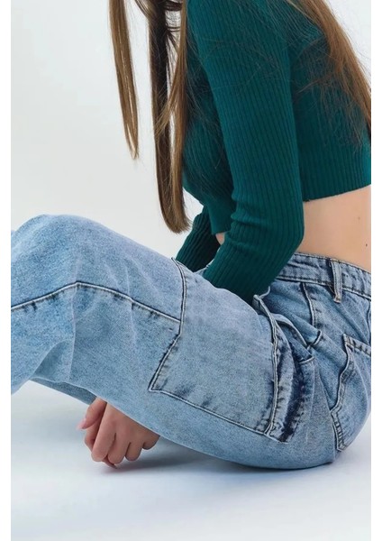 Kız Çocuk Kargo Cep Detaylı Yüksek Bel Wide Leg Kot PANTOLON-PNT-0029 modelleri