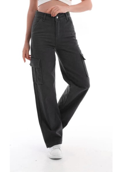 Kız Çocuk Kargo Cep Detaylı Yüksek Bel Wide Leg Kot PANTOLON-PNT-0029