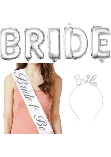 7 Parça Sılver Gümüş Renk Balon Kuşak Taç Bride To Be Seti