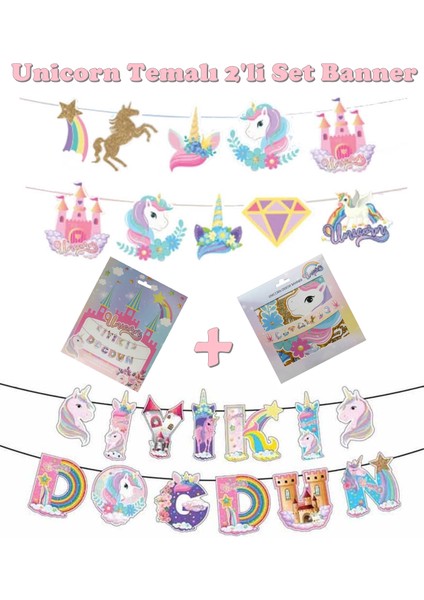 Unicorn Temalı 2'li Set Uzar Yazı Banner