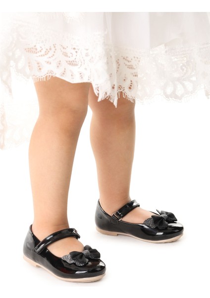 Taşlı Cırtlı Kız Çocuk Fiyonklu Babet Ayakkabı Ege 204 Rugan