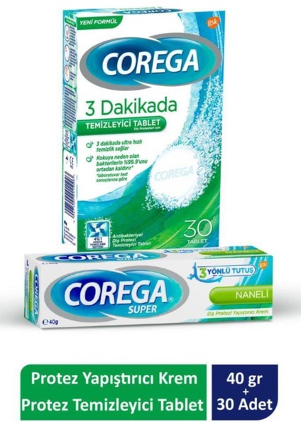 Süper Protez Yapıştırıcı Krem 40 gr +Corega Cleanser Bio Protez Temizleme Tableti 30'lu