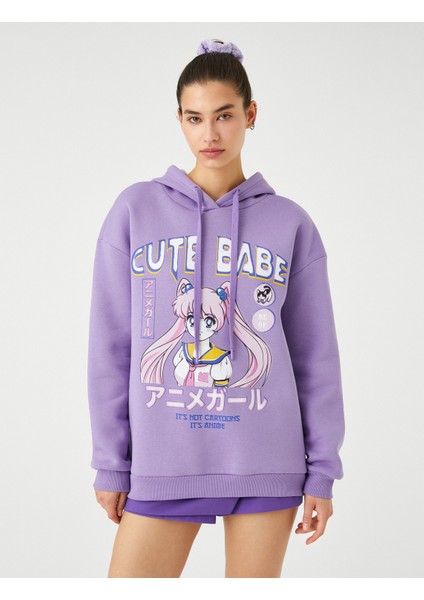 Anime Sweatshirt Oversize Baskılı Kapüşonlu Ribanalı