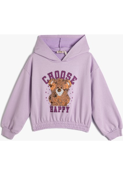 Kapşonlu Sweatshirt Ayıcık Baskılı Beli ve Manşetleri Lastikli Uzun Kollu