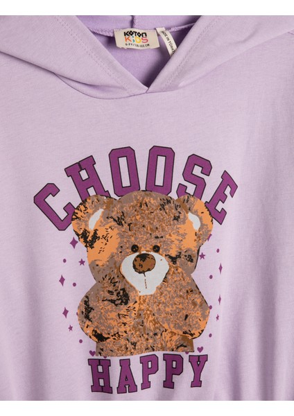 Kapşonlu Sweatshirt Ayıcık Baskılı Beli ve Manşetleri Lastikli Uzun Kollu