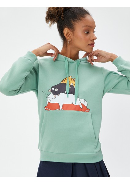 Kapüşonlu Sweatshirt Kedi Baskılı Kanguru Cepli fiyatları