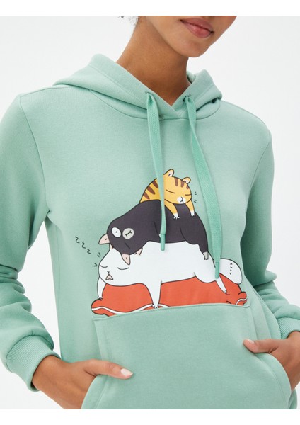 Kapüşonlu Sweatshirt Kedi Baskılı Kanguru Cepli indirimleri