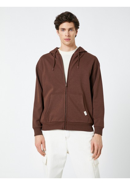 Fermuarlı Sweatshirt Kapşonlu Cep Detaylı Etiket Baskılı