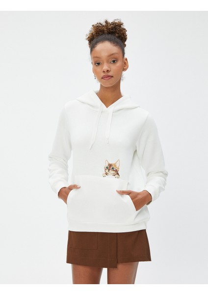 Kapüşonlu Sweatshirt Kanguru Cepli Kedi Nakışlı modelleri