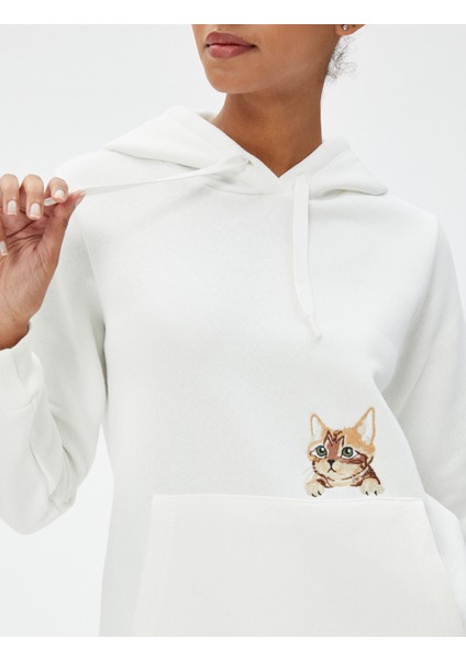 Kapüşonlu Sweatshirt Kanguru Cepli Kedi Nakışlı indirimleri