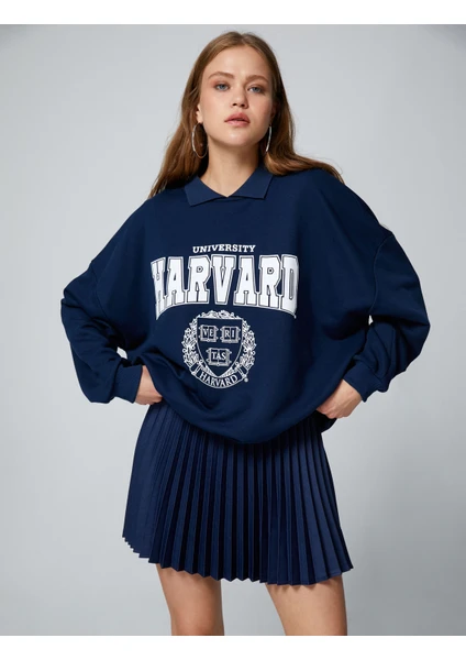 Oversize Sweatshirt Harvard Lisanslı Polo Yaka Baskılı