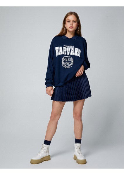 Oversize Sweatshirt Harvard Lisanslı Polo Yaka Baskılı