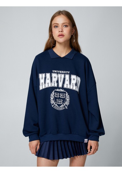 Oversize Sweatshirt Harvard Lisanslı Polo Yaka Baskılı