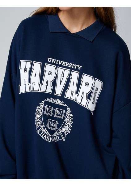 Oversize Sweatshirt Harvard Lisanslı Polo Yaka Baskılı