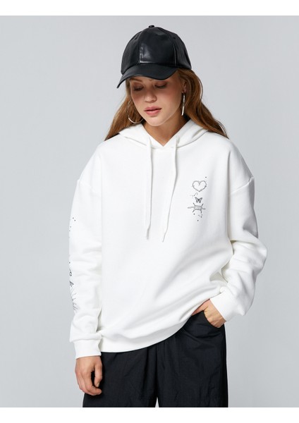 Oversize Sweatshirt Kapüşonlu Baskılı Uzun Kollu