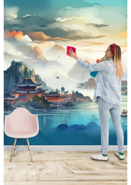 Fantastik Göl Manzaralı Geleneksel Japon Evleri Poster Duvar Kağıtları Tek Parça