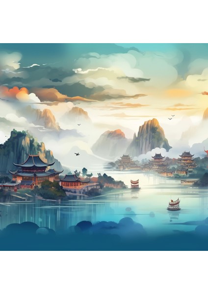 Fantastik Göl Manzaralı Geleneksel Japon Evleri Poster Duvar Kağıtları Tek Parça fiyatları