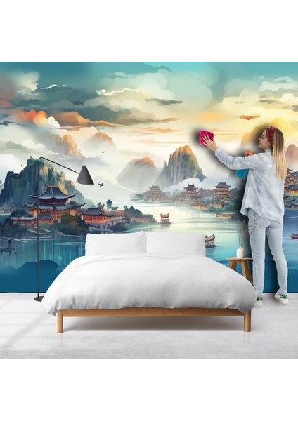 Fantastik Göl Manzaralı Geleneksel Japon Evleri Poster Duvar Kağıtları Tek Parça modelleri